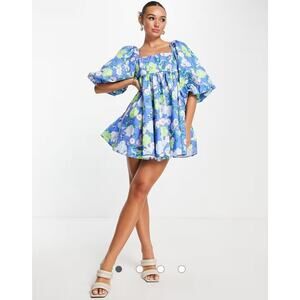 NWT ASOS EDITION puff sleeve empire mini dress in abstract blue floral print 8